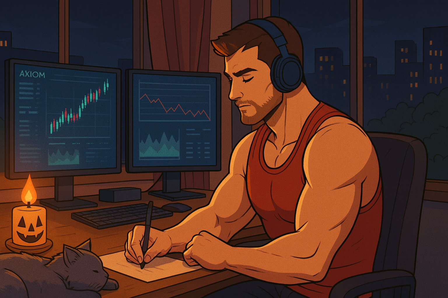 Lofi Chad with grey longhair cat, trading screens, cozy night room